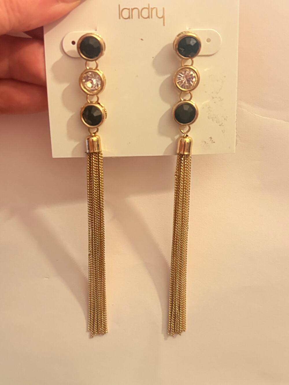 Landry Gold Tone Black Crystal Tassel Earrings NWT